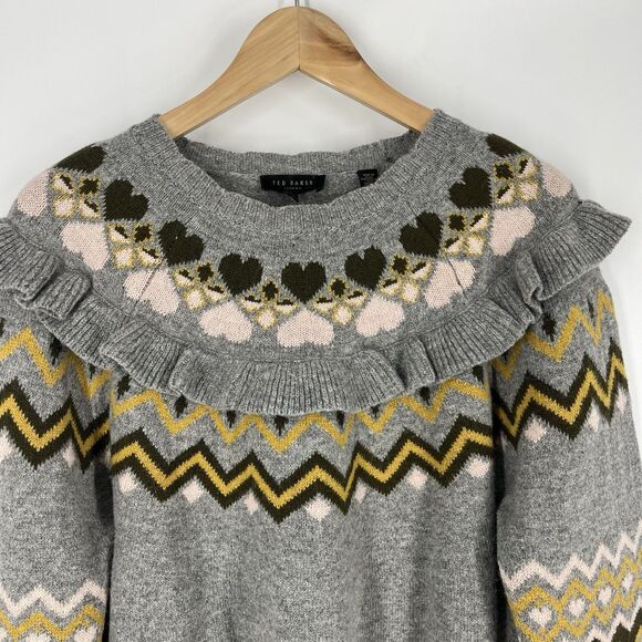Ted Baker Sweater Size 3 Women Medium Gray Mysheli Fair Isle Ruffle Heart Preppy - Picture 2 of 8